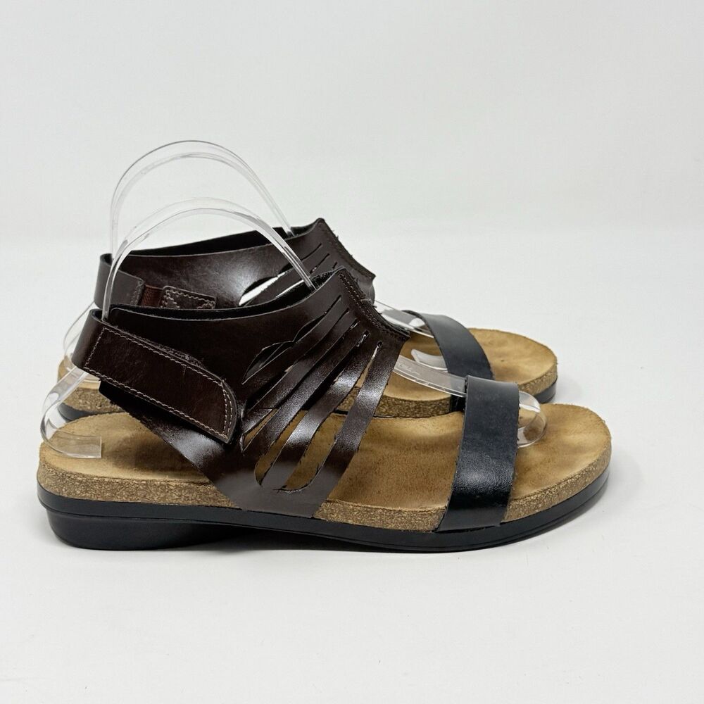 Naot Mint Sandals Womens 9 EU 40 Black Brown Leather Ankle Strap Hook Loop
